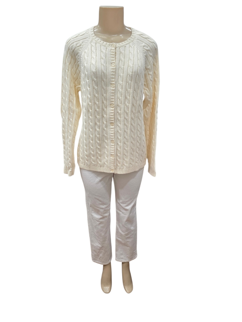 VTG 90s L.L. Bean Women's Cream Cable Knit Sweater Button Up Cardigan Size L
